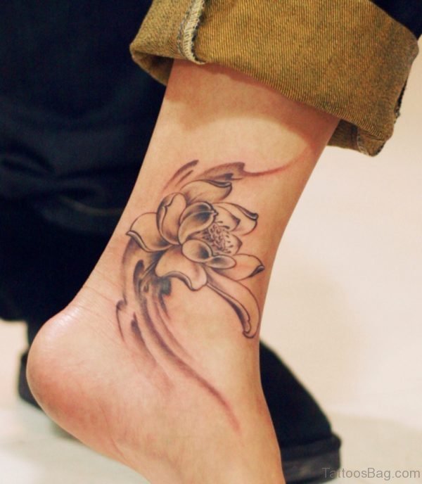 Grey Ink Small Lotus Tattoo On Ankle