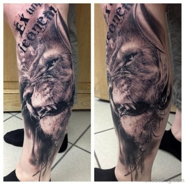 Grey Lion Tattoo On Leg