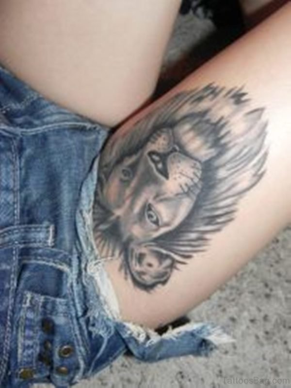 Grey Lion Tattoo on Thigh