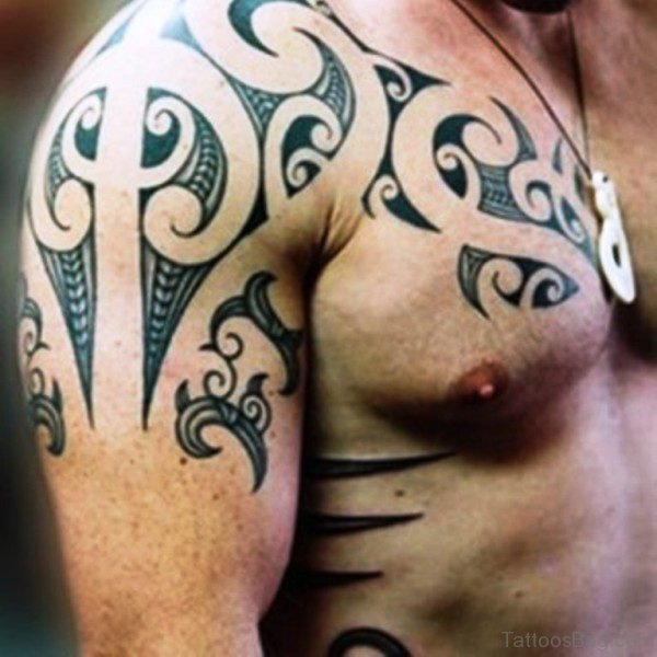 Grey Maori Tattoo On Right Shoulder