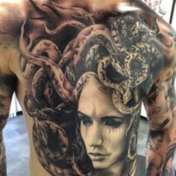 Grey Medusa Tattoo On Chest