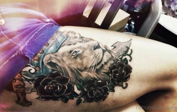 Grey Rose And Lion Tattoo