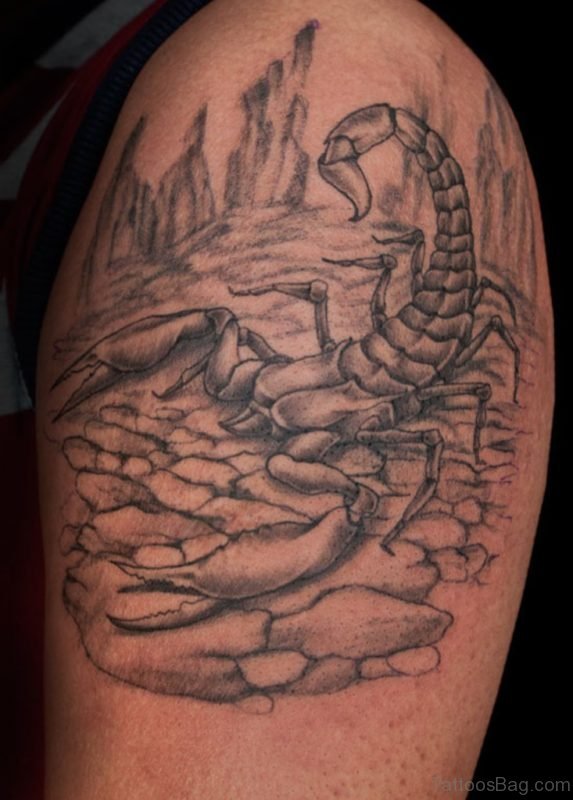 Grey Scorpion Tattoo On Shoulder