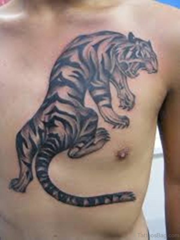 Grey Tiger Tattoo Design On Chest