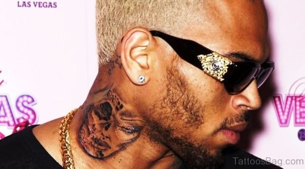 Half Face Skull Tattoo On Neck