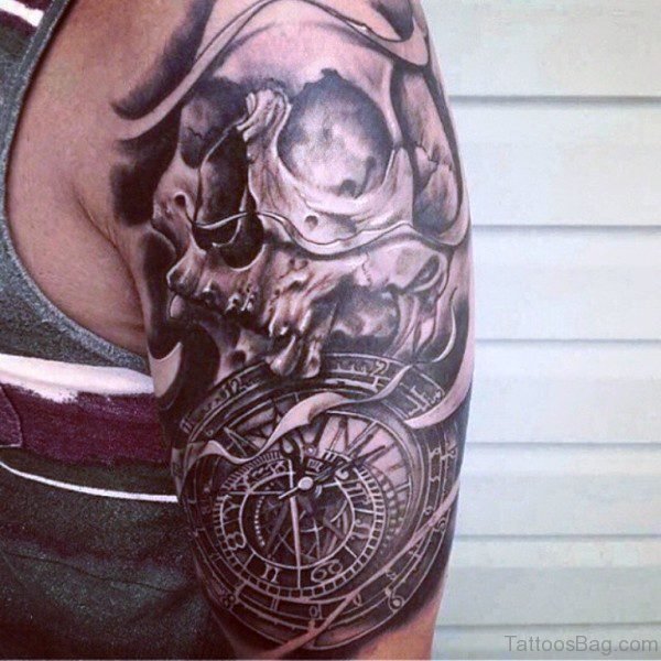 Half Sleeves Clock Shoulder Tattoo Design