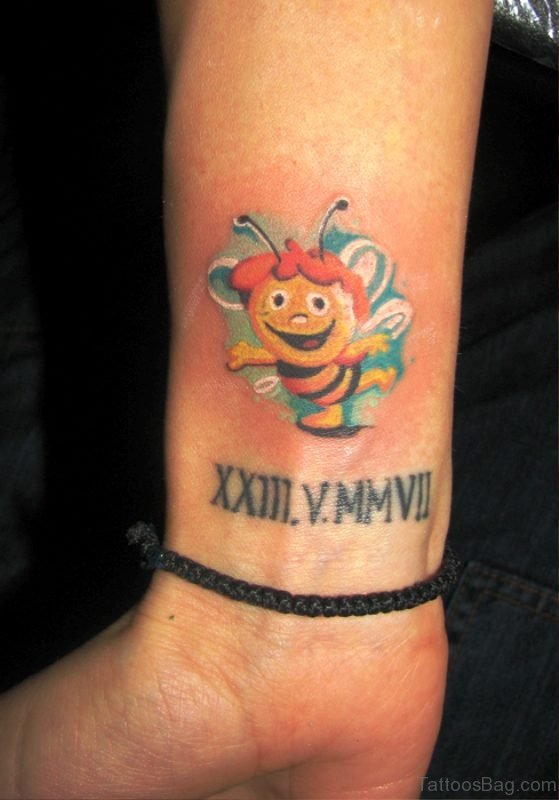 Happy Bee Tattoo On Wrist