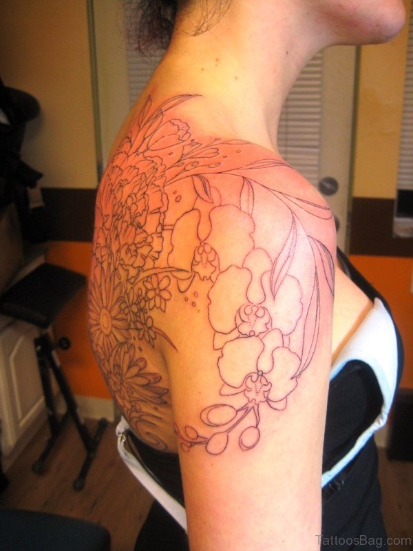 Hawaiian Flowers Tattoo On Shoulder