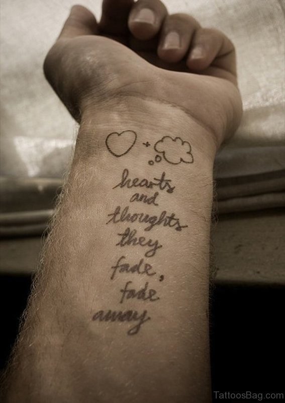 Hearts And Thoughts Quote Tattoo On Wrist