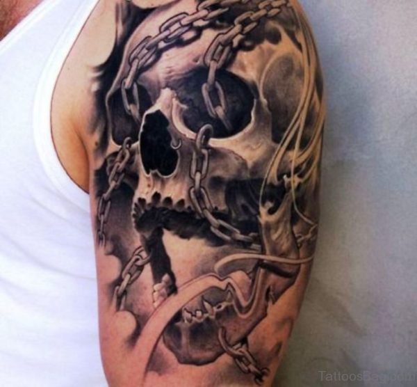 Horror Skull With Chain Tattoo
