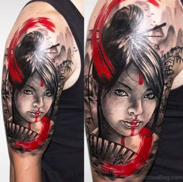 Impressive Geisha Tattoo On Shoulder