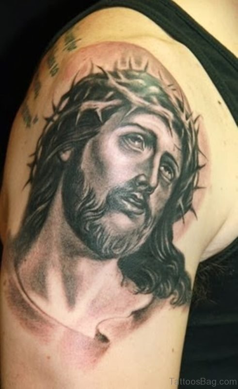 Impressive Jesus Tattoo On Shoulder