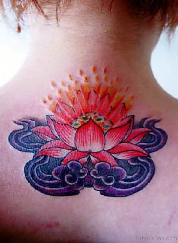 Impressive Red Lotus Neck Tattoo
