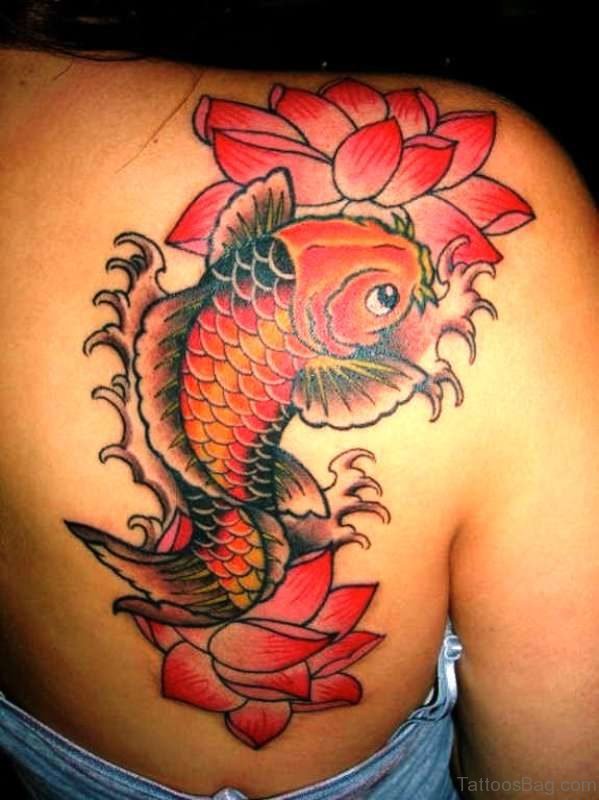 Japanese Fish And Lotus Neck Tattoo