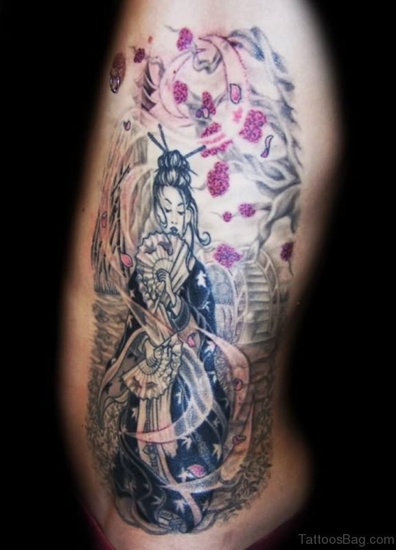Japanese Geisha Tattoo On Rib Side