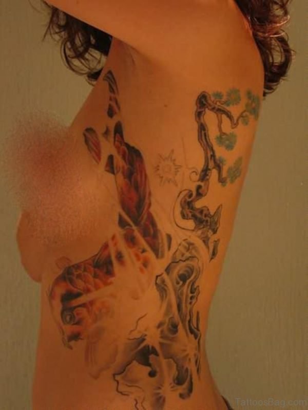 Japanese Koi Fish Tattoo On Side Rib