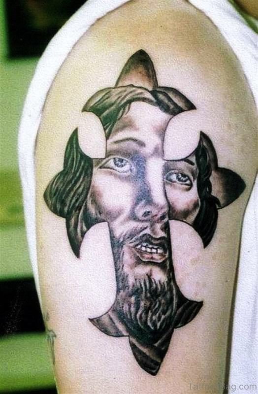 Jesus Cross Tattoo On Shoulder