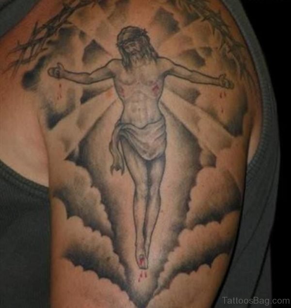 Jesus In Clouds Tattoo On Shoulder