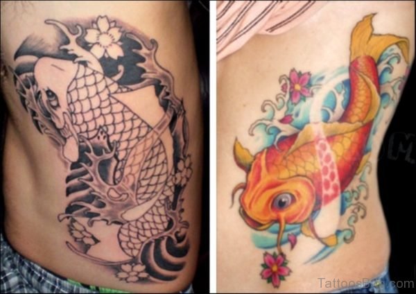 Koi Fish Aqua Tattoo On Rib