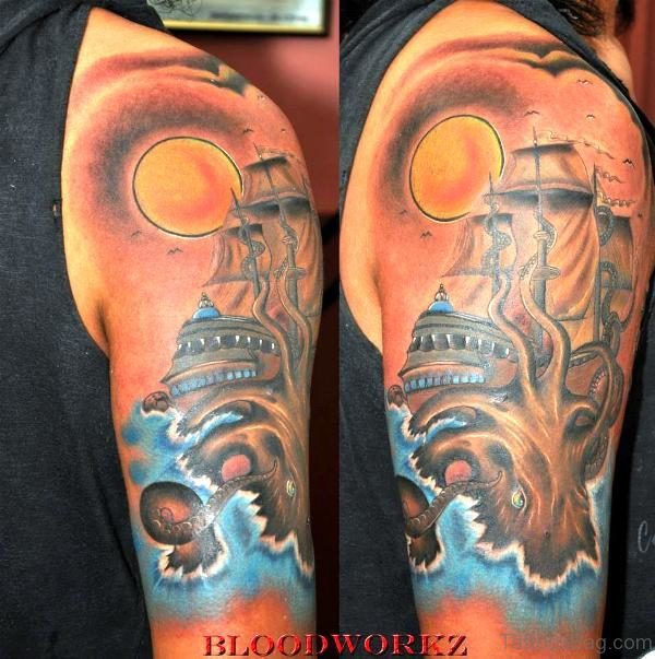 Kraken And Ship Tattoo On Shoulder