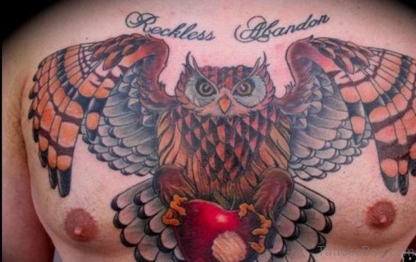 Large Owl And Heart Tattoo