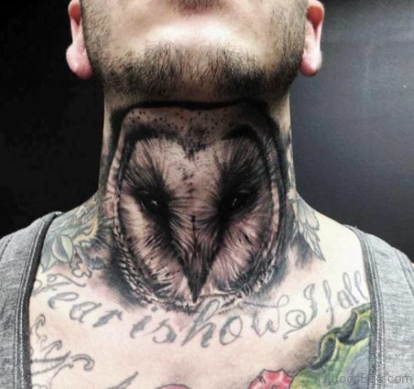 Large Owl Face Tattoo On Neck