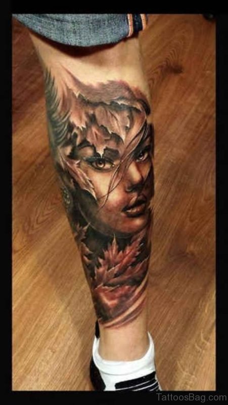 Leaf And Portrait Tattoo