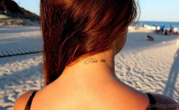 Lettering Kiss Tattoo On Neck