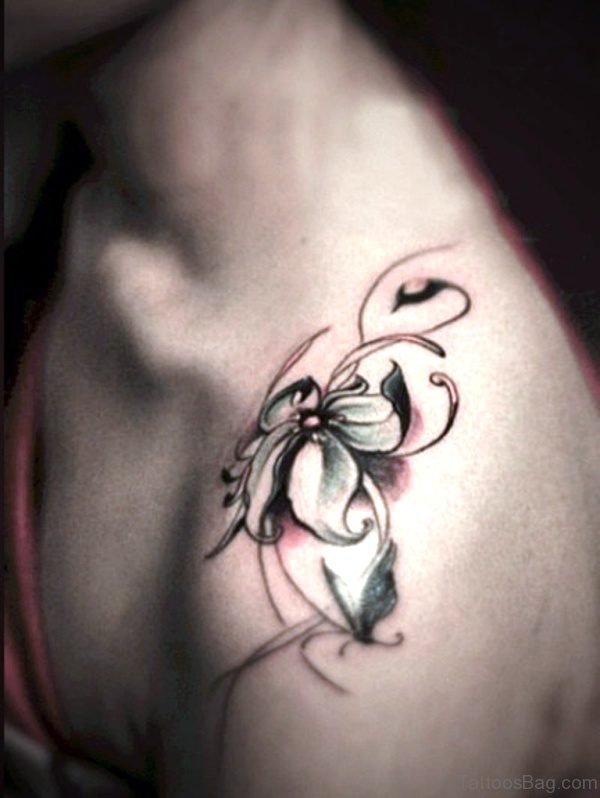 Light Grey Flower Tattoo On Shoulder