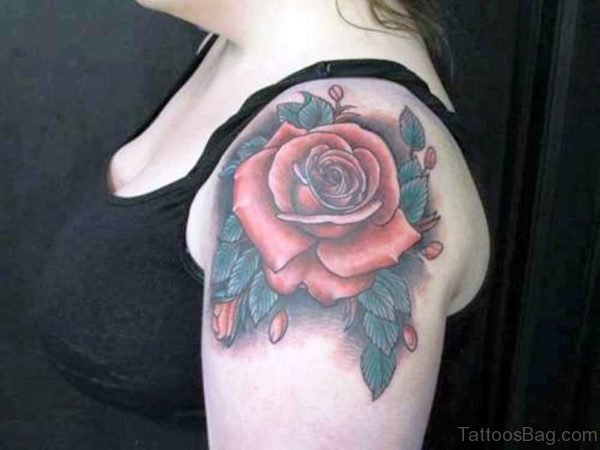 Light Red Flower Tattoo On Shoulder