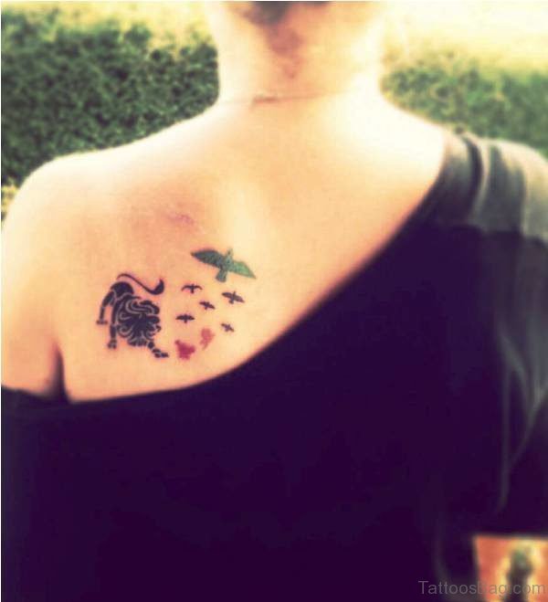 Lion And Birds Shoulder Tattoo