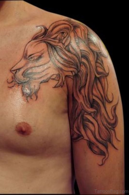Lion Face Tattoo On Left Shoulder