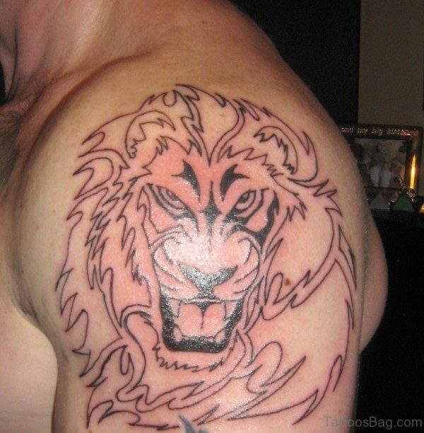 Lion Face Tattoo On Left Shoulder