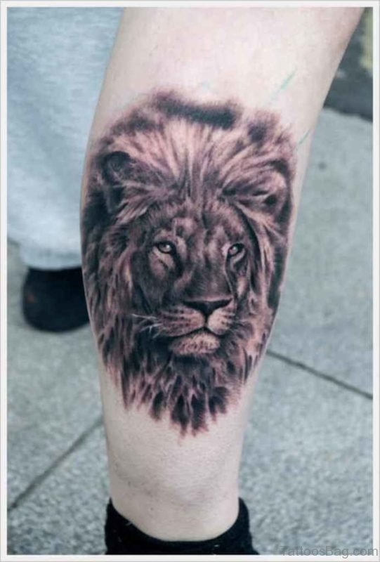 Lion Head Tattoo On Leg