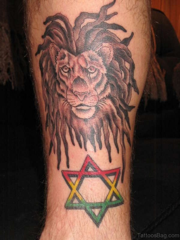 Lion and Star Leg Tattoo Design For Men
