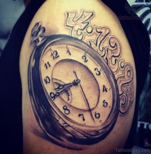 Lovely Musical Clock Shoulder Tattoo