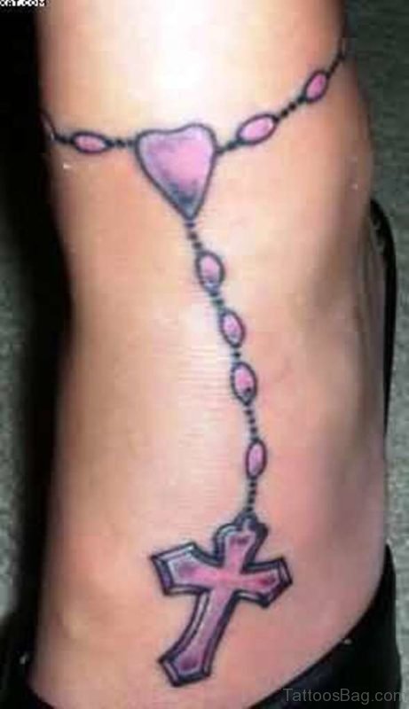 Lovely Pink Rosary Ankle Bracelet Tattoo For Young Girls
