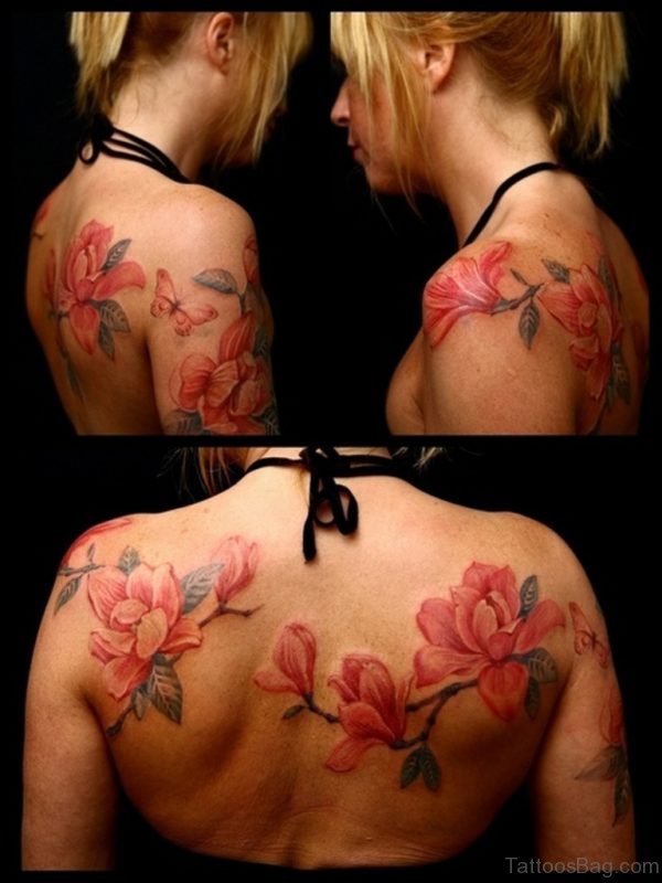 Magnolia Flower Tattoos On Girl Upper Back