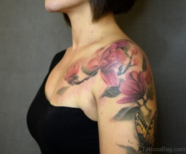 Magnolia Tattoo On Left Shoulder For Girls