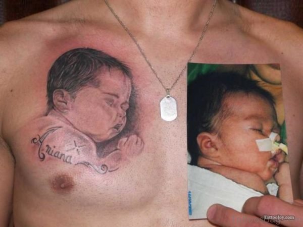 Memorial Baby Portrait Tattoo On Chest