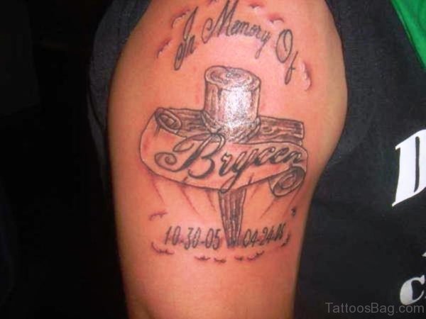 Memorial Cross Shoulder Tattoo