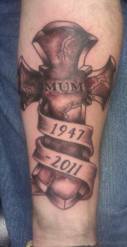 Memorial Cross Tattoo On Leg