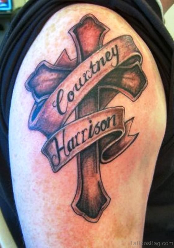 Memorial Cross Tattoo On Shoulder