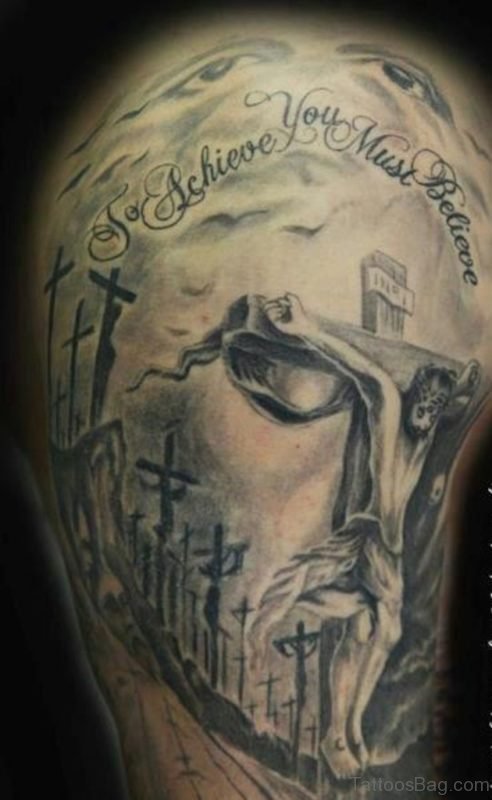 Mind Blowing Jesus Face Tattoo Made On Shoulder