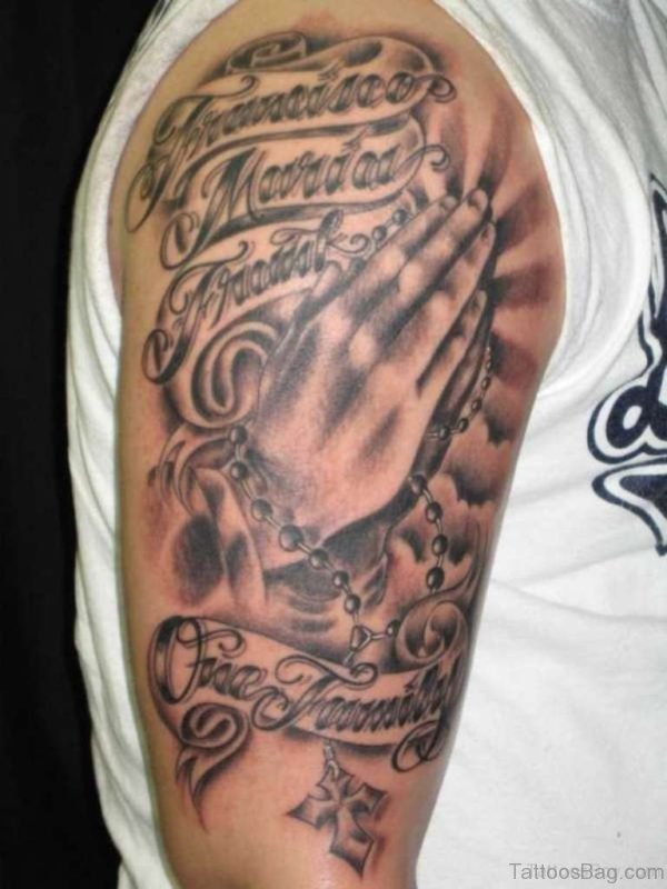 Mind Blowing Praying Hands Tattoo On Shoulder