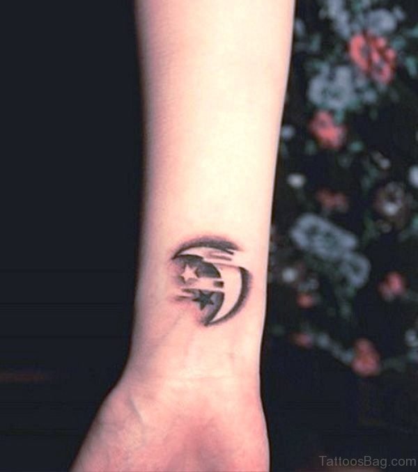 Moon And Star In Cloud Tattoo On Wrist 
