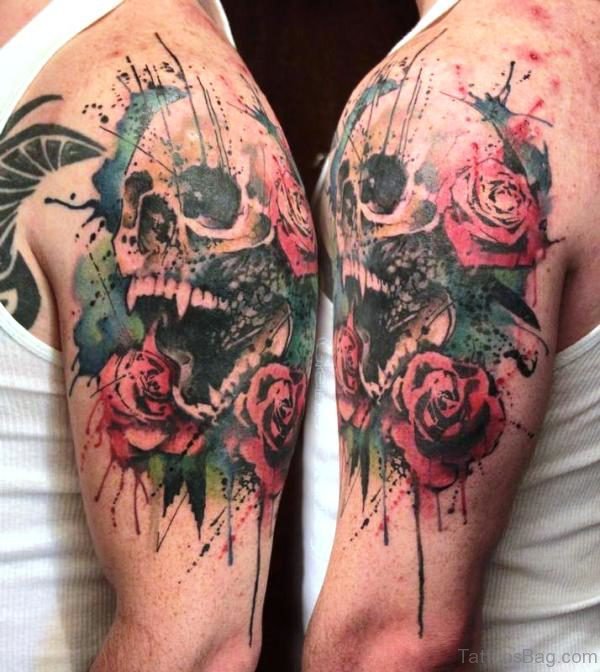 Multicolor Skull Shoulder Tattoo