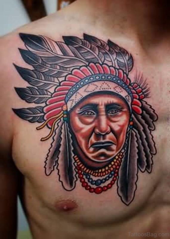 Native American Headdress Portrait Tattoo On Chest
