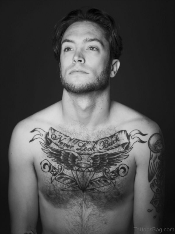 Never Look Back Banner And Winged Diamond Tattoo On Chest
