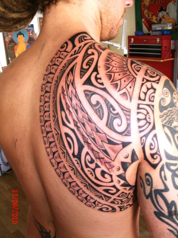 Nice Black Maori Tattoo On Shoulder Black